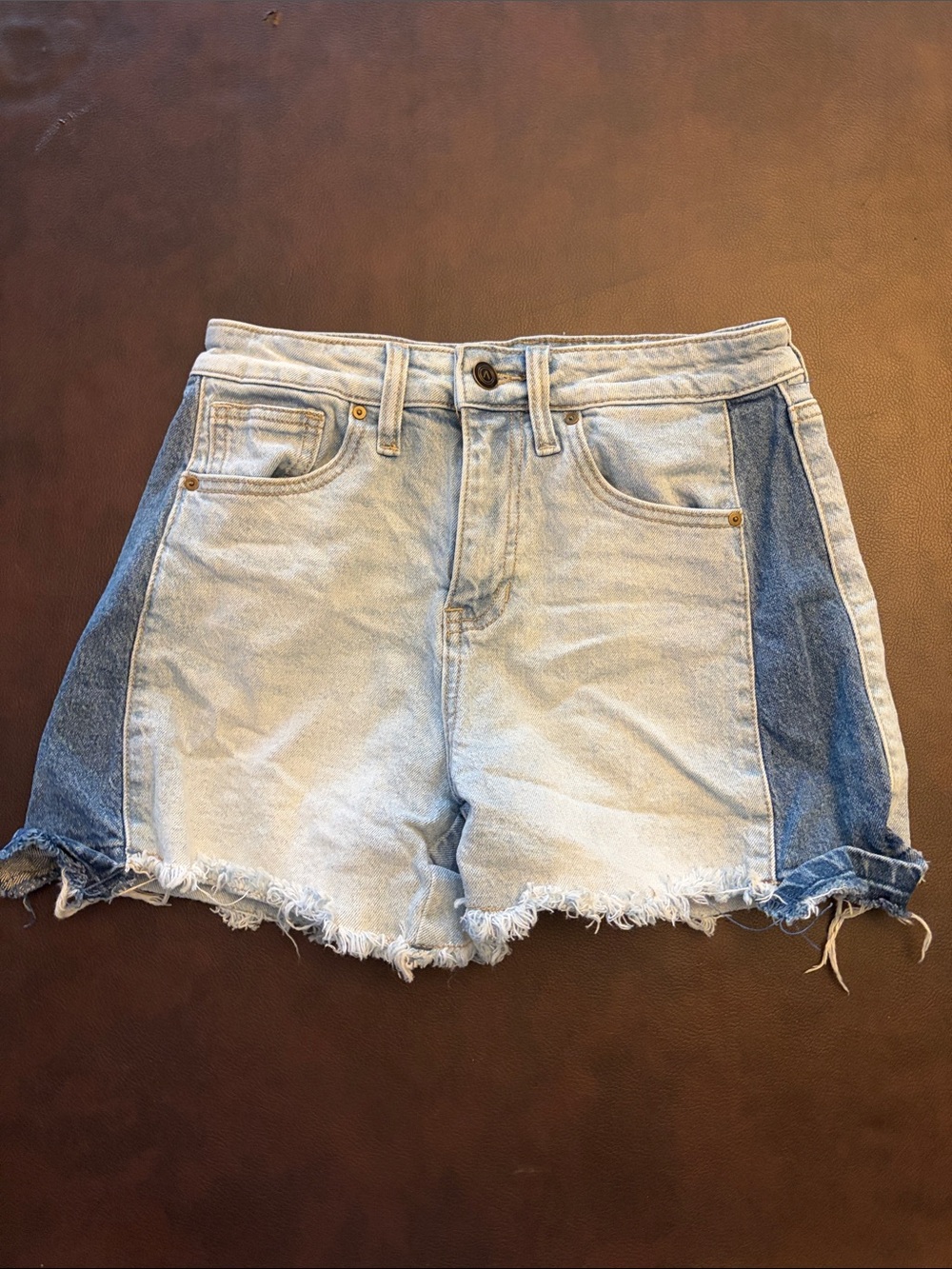 Two-Tone Light Blue Denim Cutoff Shorts